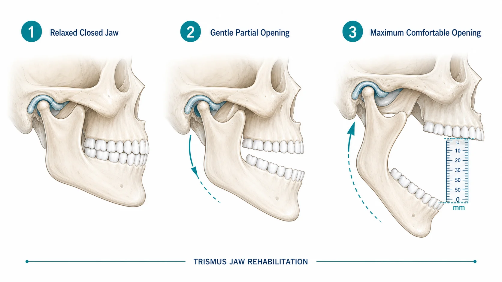 Çene açma egzersizleri: kapalı, kısmi açık, tam açık pozisyon adımları