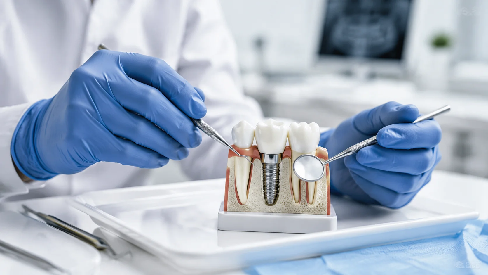 Steril eldivenli diş hekimi implant kontrolü yapıyor