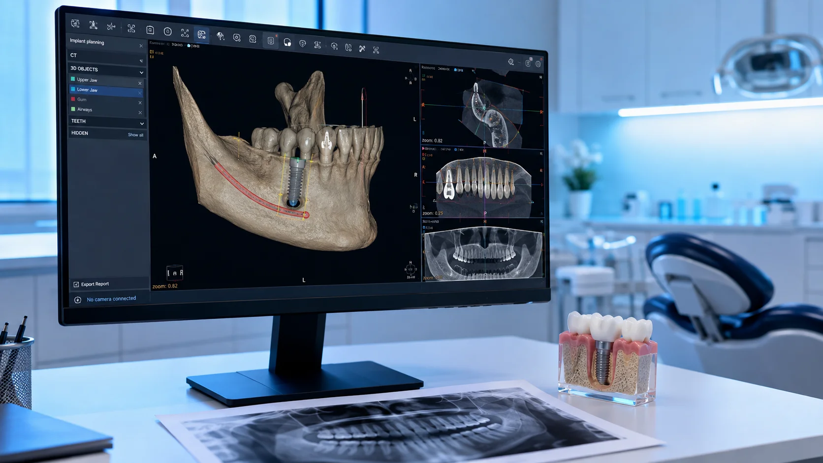 İmplant cerrahi planlaması: CBCT tomografi ve dijital planlama ekranı