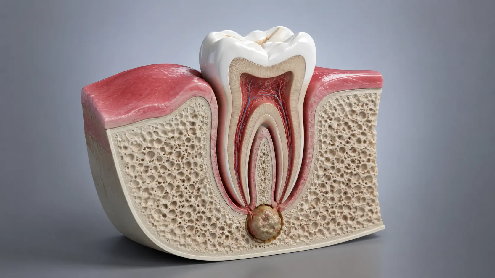 Kök ucu bölgesinde lezyonu gösteren 3D diş kök modeli