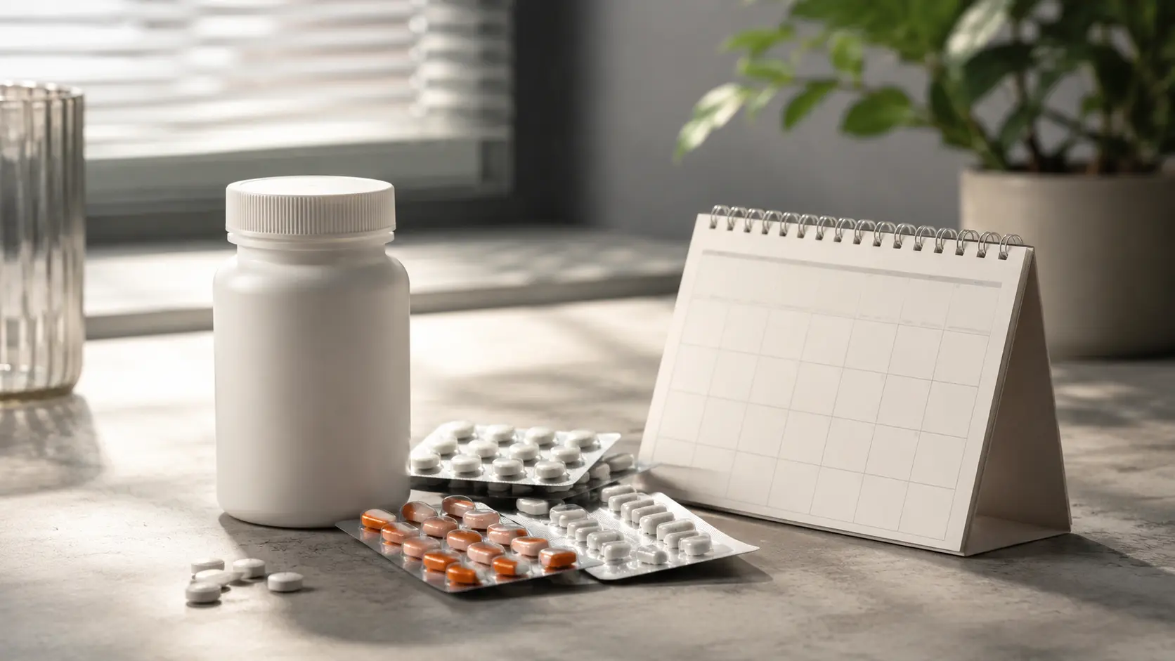 Antibiyotik kullanımını simgeleyen ilaç şişesi ve blister paketler
