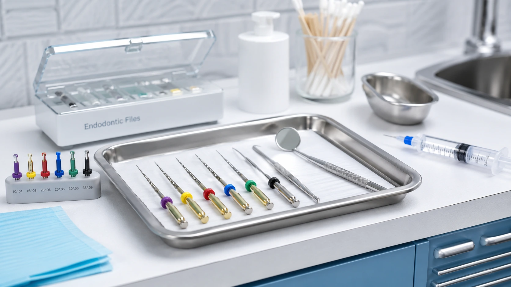Tepsi üzerinde düzenli endodonti aletleri ve klinik yüzey