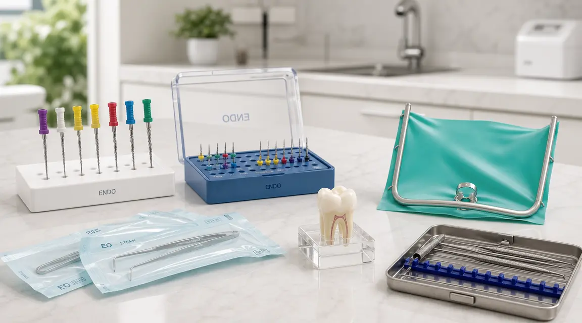 Endodonti aletleri ve diş modeliyle klinik tezgâh düzeni
