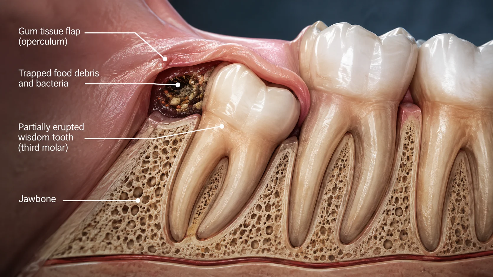 Perikoronit anatomisi: yarı gömülü 20'lik diş ve operkulum